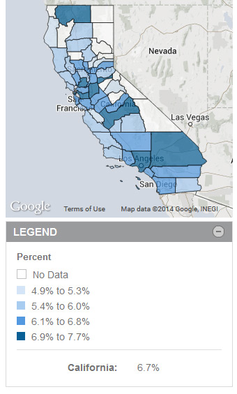 Map of CA - Infants born at low birth weight 2012