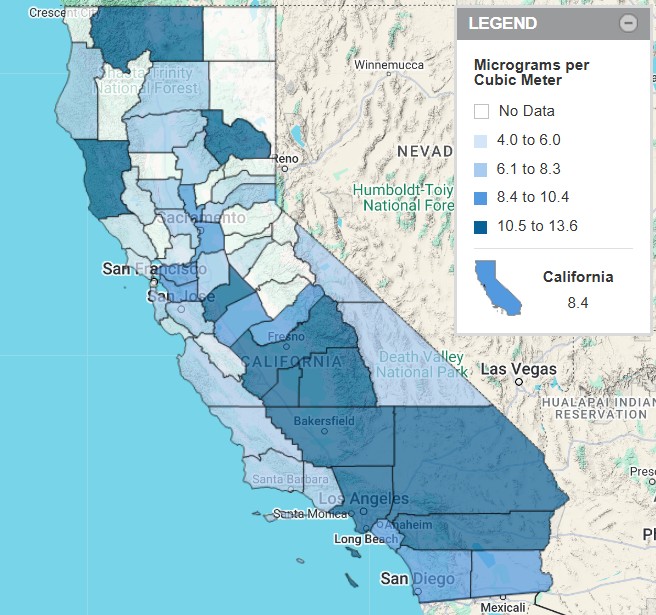 California map showing county-level concentrations of airborne fine particulate matter (PM2.5) for 2023.