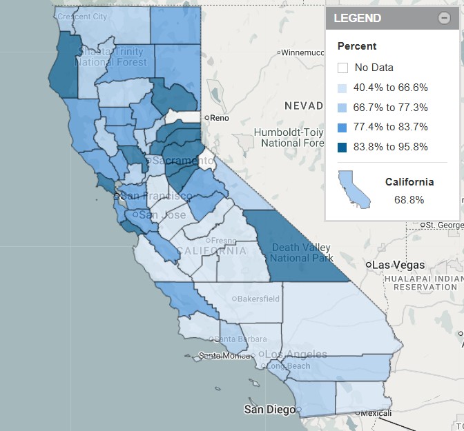 Map showing county-level rates of newborns born in hospitals in 2022 who were breastfed exclusively after delivery.