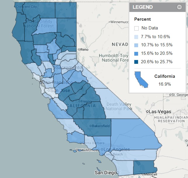 Map showing estimated state- and county-level percentages of California children ages 0 to 17 living in food-insecure households in 2023.