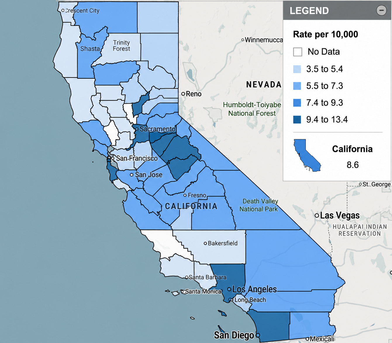 Map showing asthma hospitalization rate per 10,000 California children ages 0 to 17 in 2024.